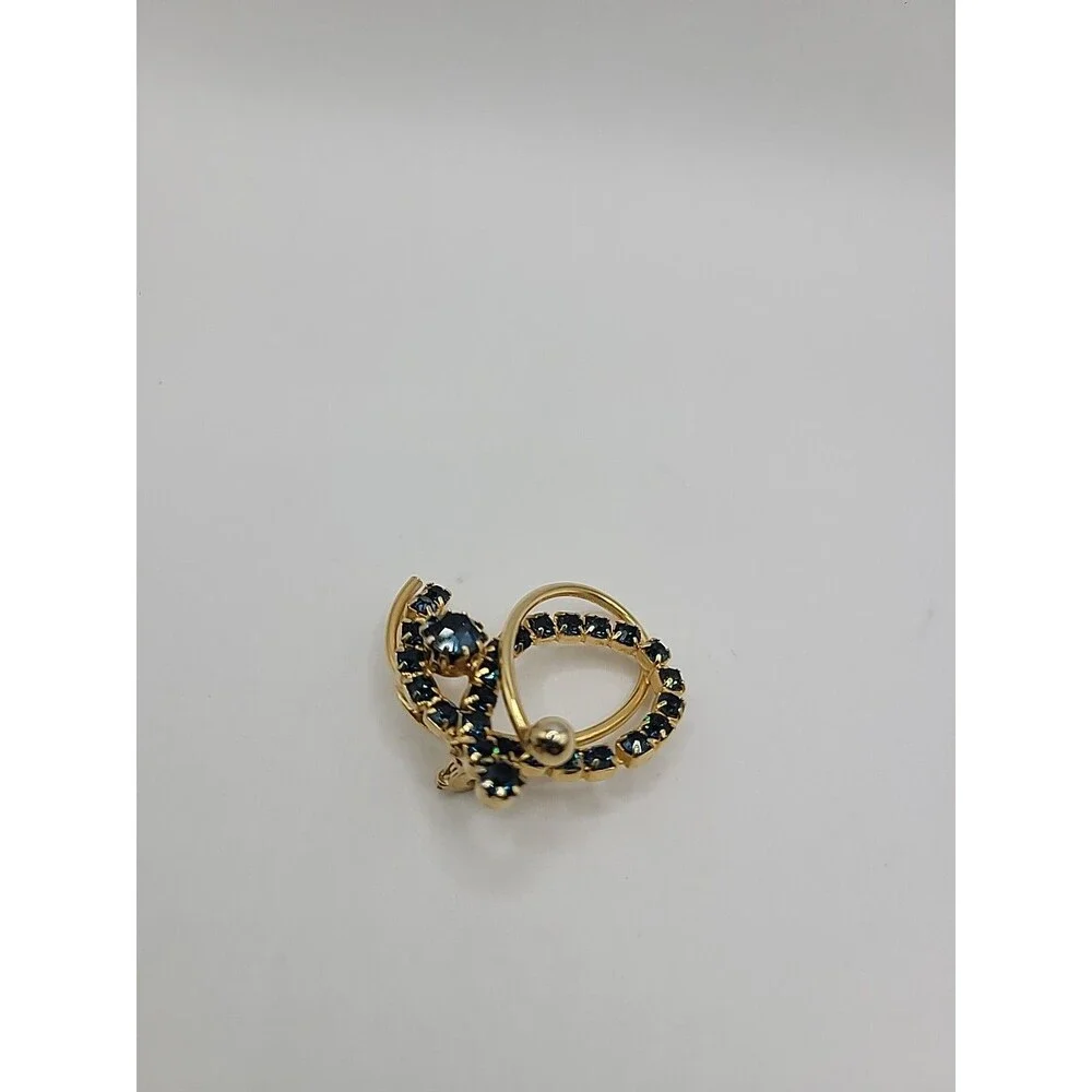 Blue Rhinestone Brooch Gold Tone Circle Swirl Vintage Style‎ Sapphire Color Pin